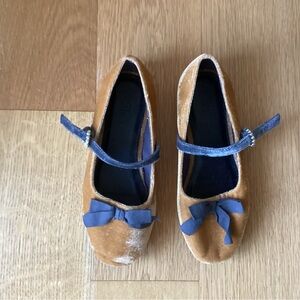 Zara Velvet Mary Jane Flats with Bow - Camel and Dark Brown